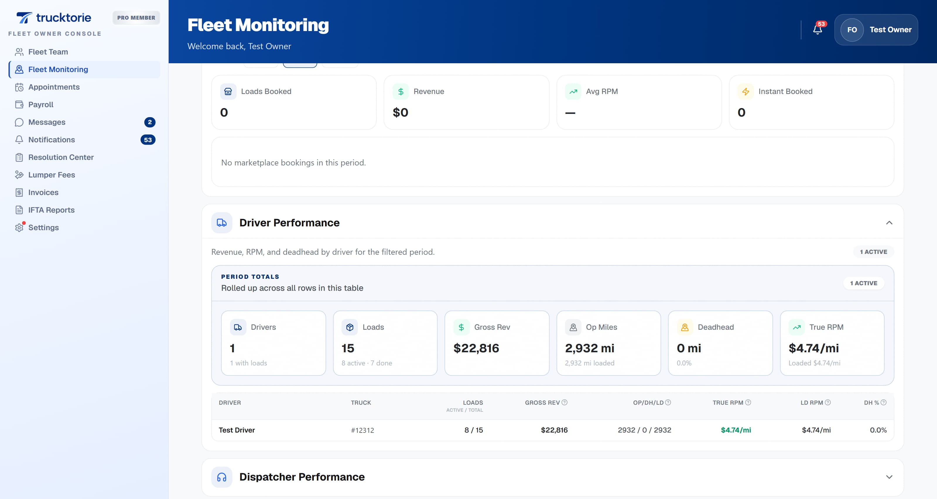 True RPM and deadhead analytics screen