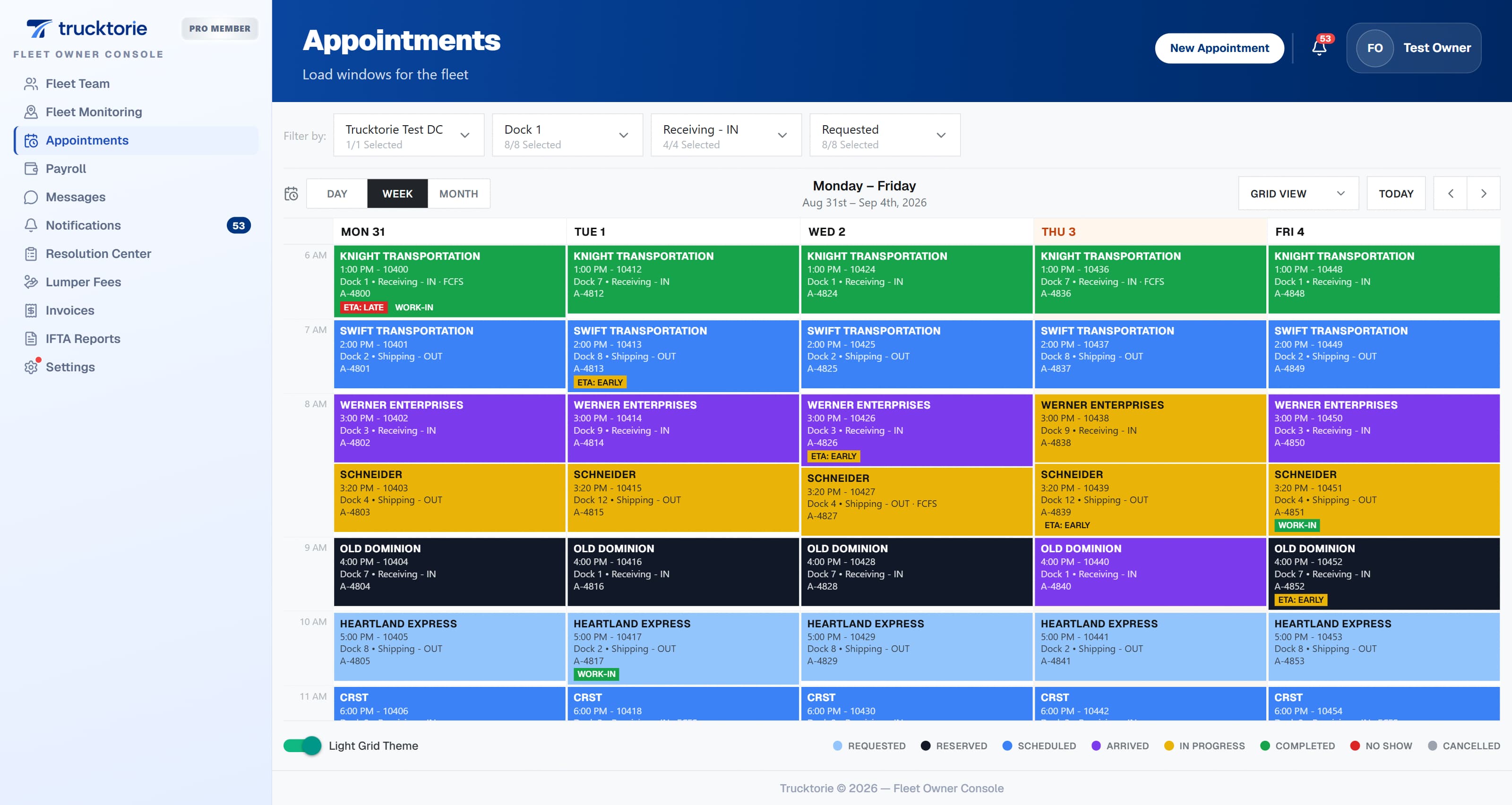 Dock appointment calendar screen