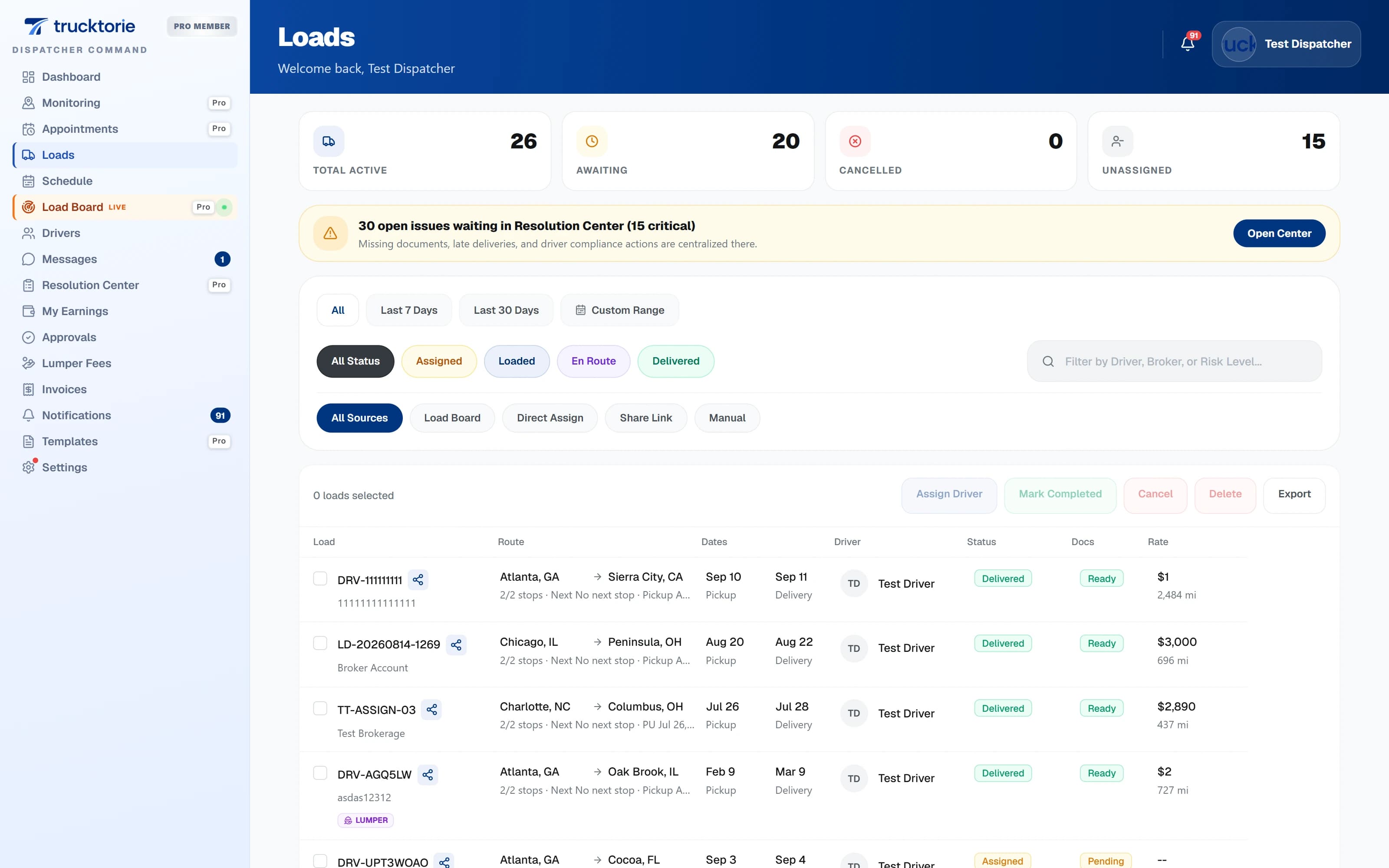 Dispatch and load management — offers become loads, not email threads screen
