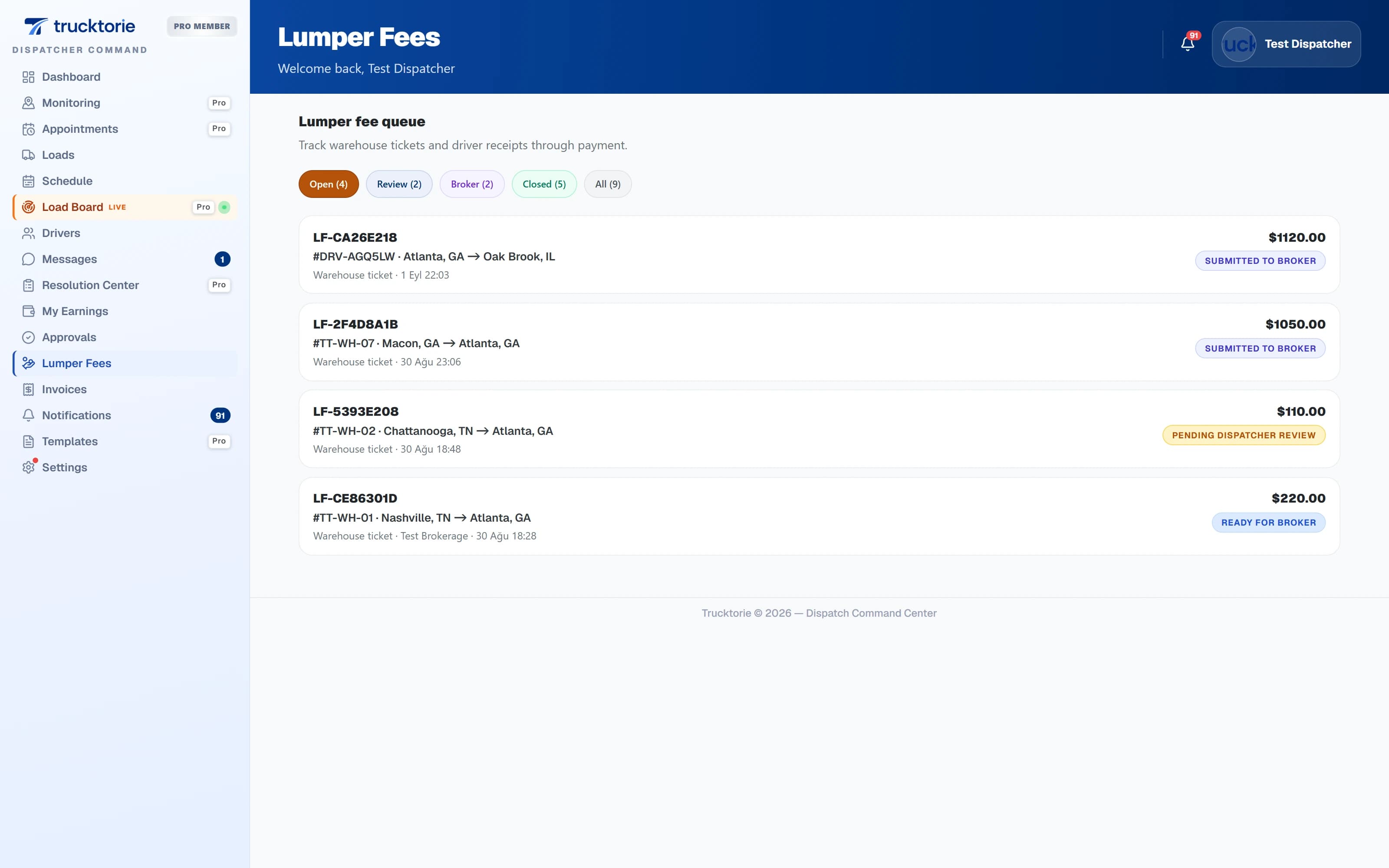 Dispatch and load management — lumper review before it hits the broker screen