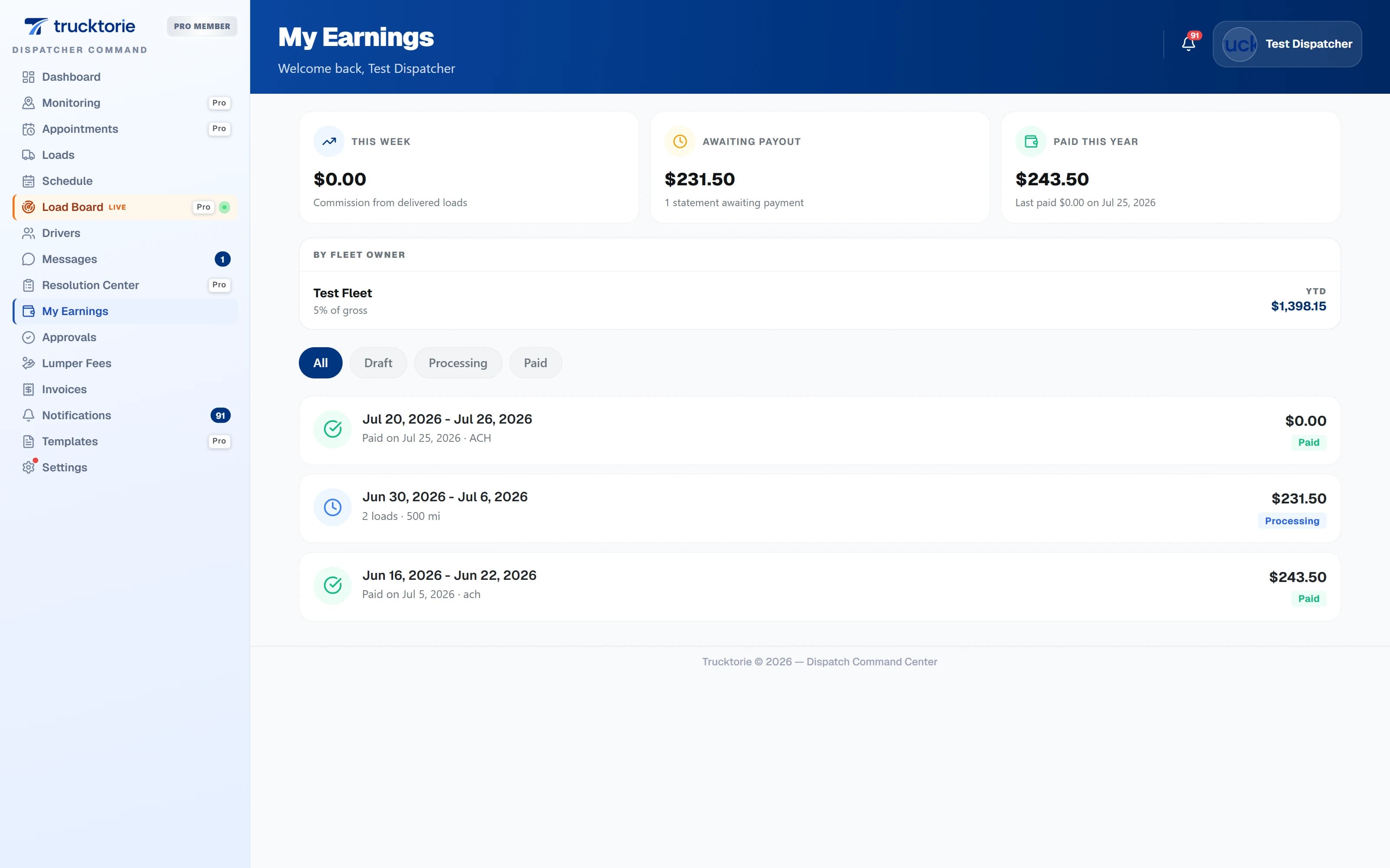 Dispatch and load management — your commission is a record, not a wallet screen