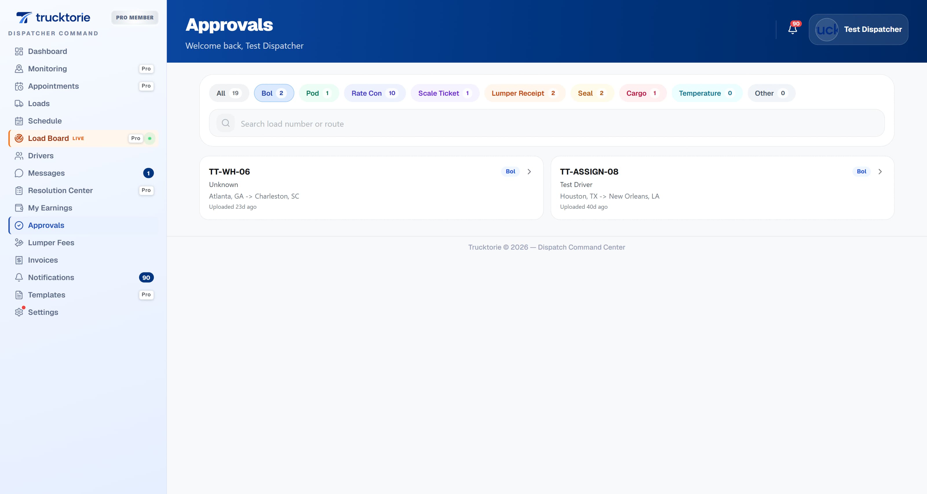Load documents review screen with BOL and POD