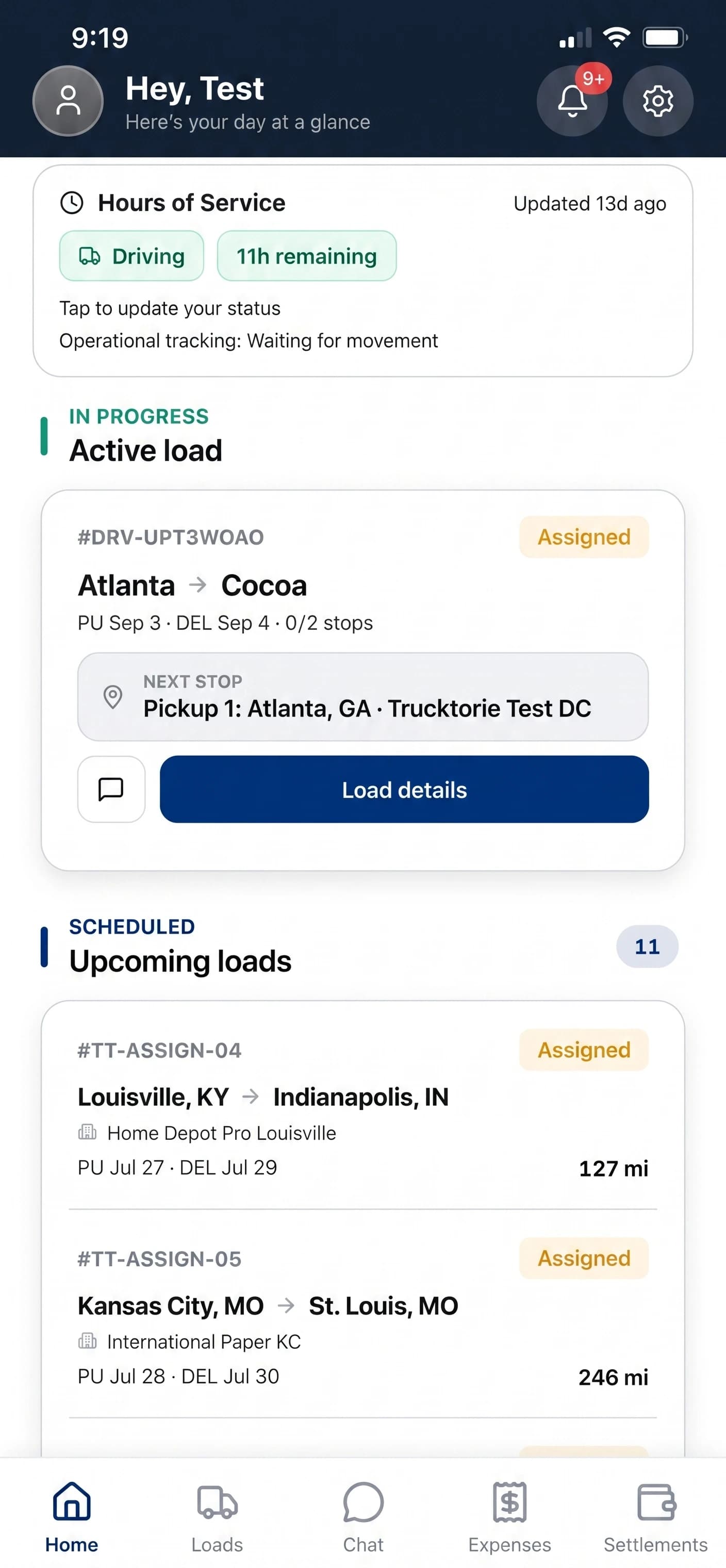 Driver app home screen with active load