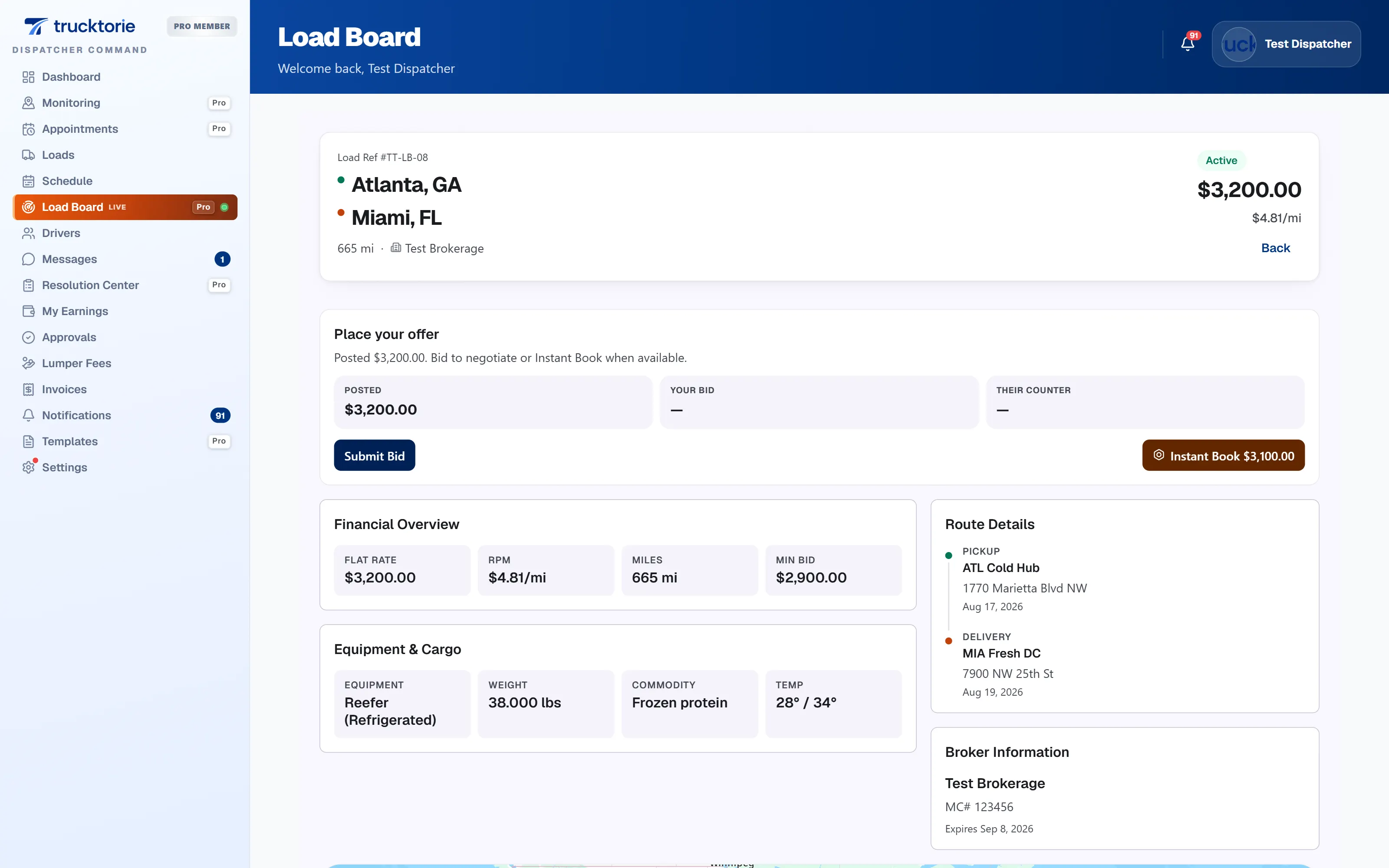 Load board search results screen