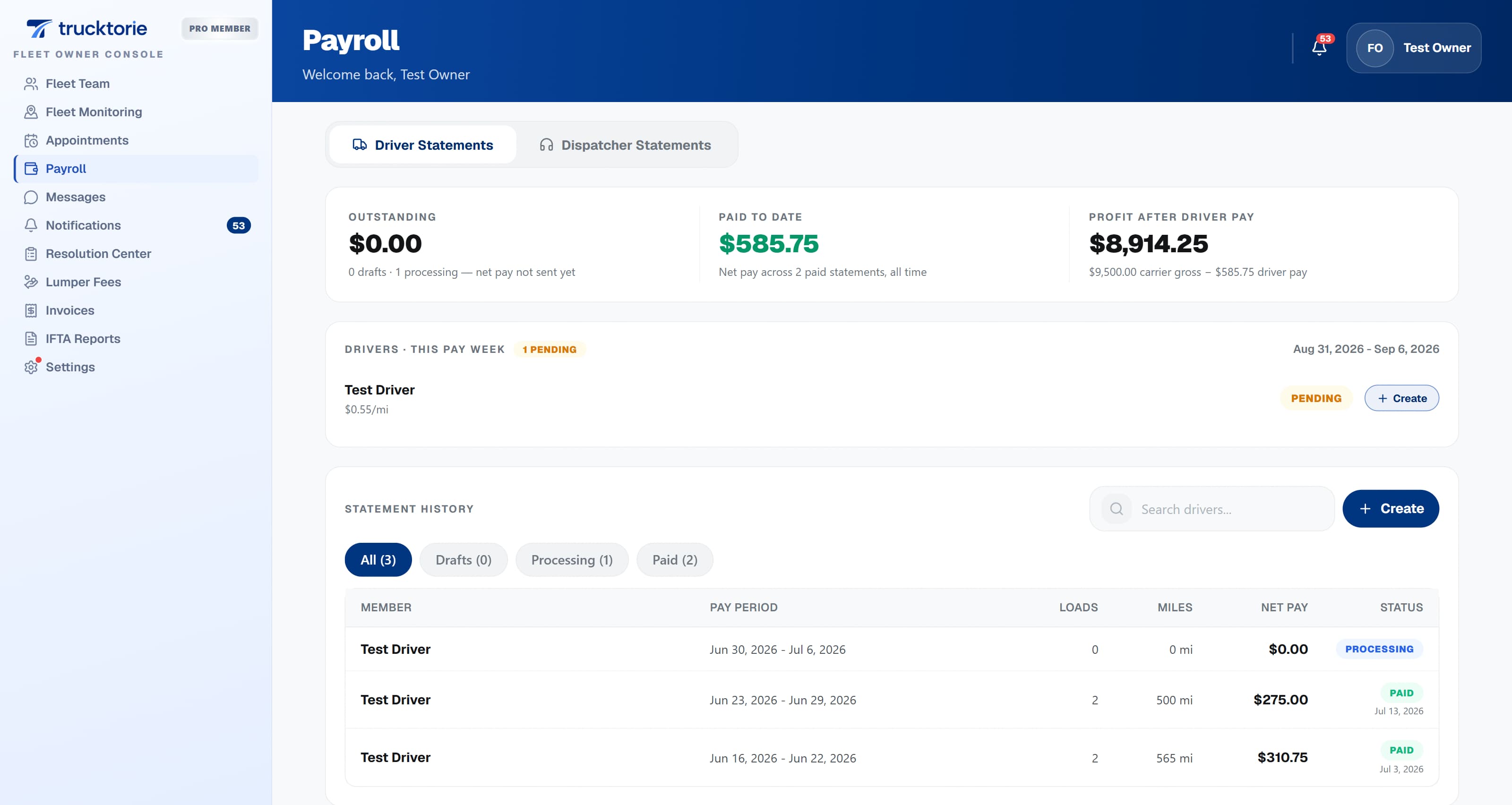 Fleet payroll settlements screen