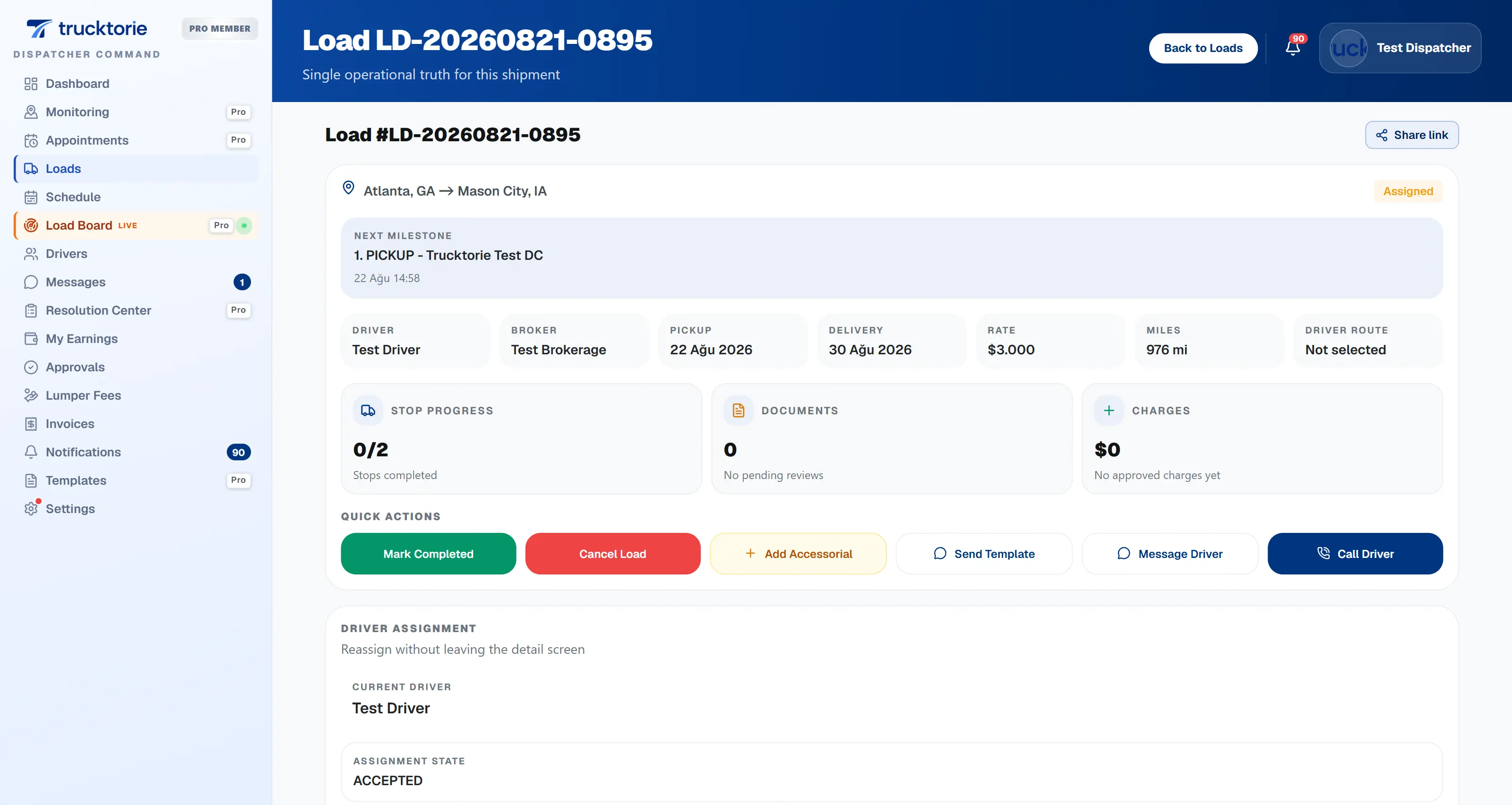 Tenders and load origination — accept is the handoff screen