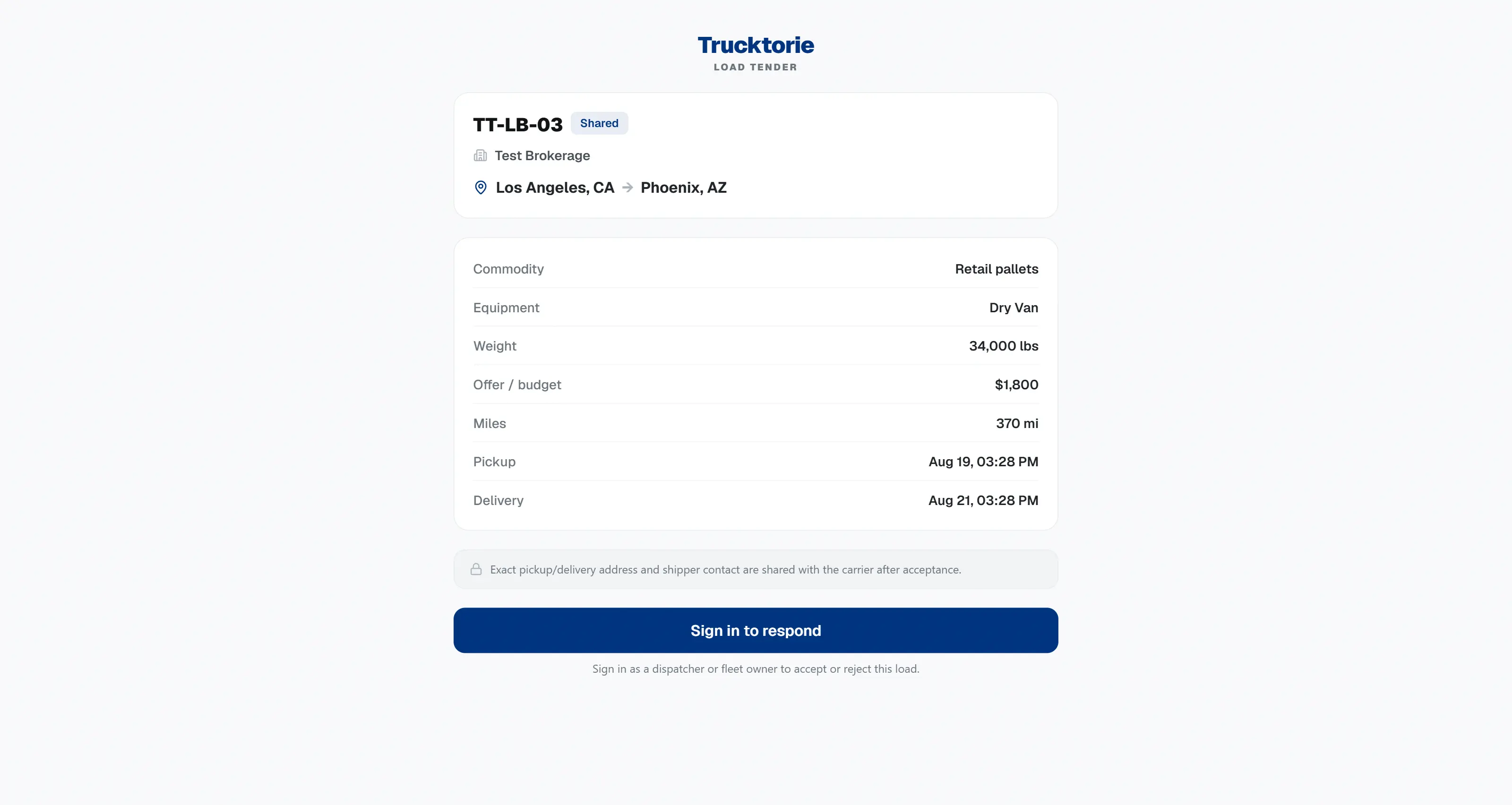 Tenders and load origination — public links hide the street screen