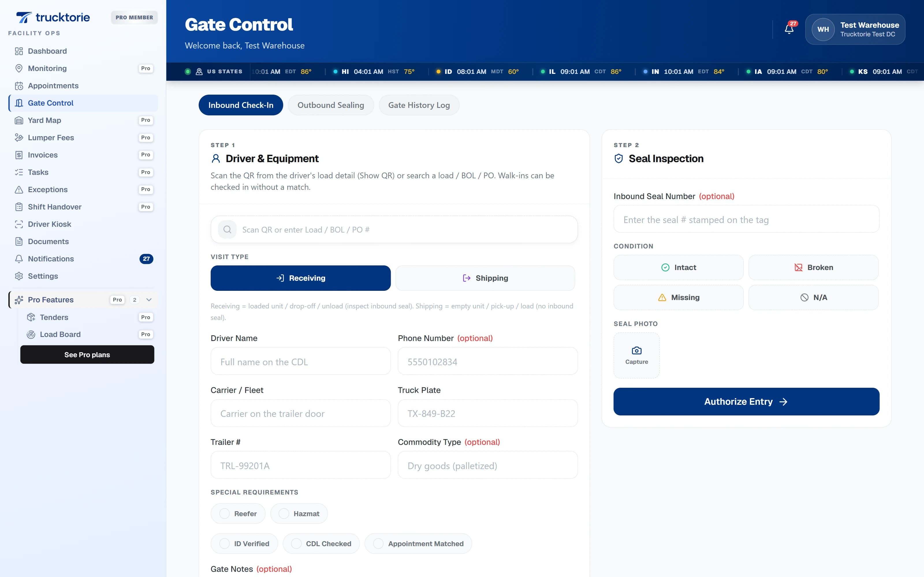 Warehouse gate check-in screen